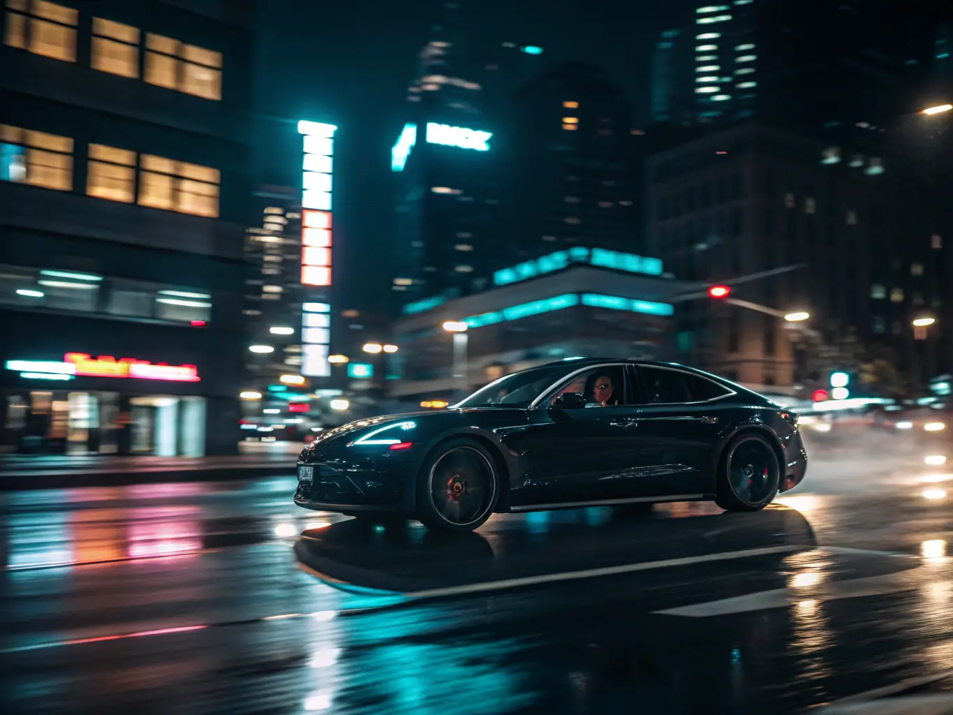An SUV is shown navigating through a vibrant city street at night, with city lights reflecting on its polished surface. The image should evoke a sense of adventure and urban exploration.