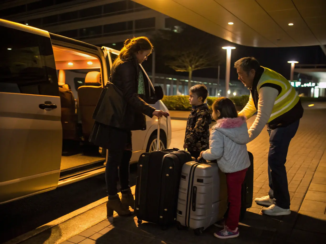 A family is happily exiting a spacious SUV in front of an airport terminal, with luggage being handled by a chauffeur. The scene should depict convenience and stress-free travel.