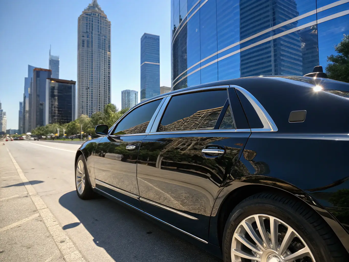 A high-end, black SUV with tinted windows is shown parked in front of a luxury hotel at night, suggesting premium service and exclusivity.