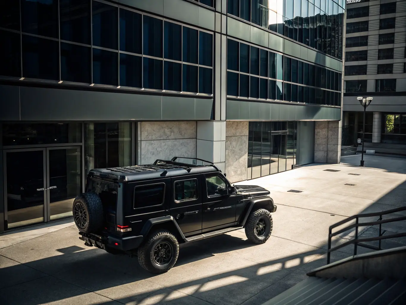 A sleek, black SUV is parked in front of a modern office building, symbolizing corporate transportation services. The image should convey professionalism and luxury.